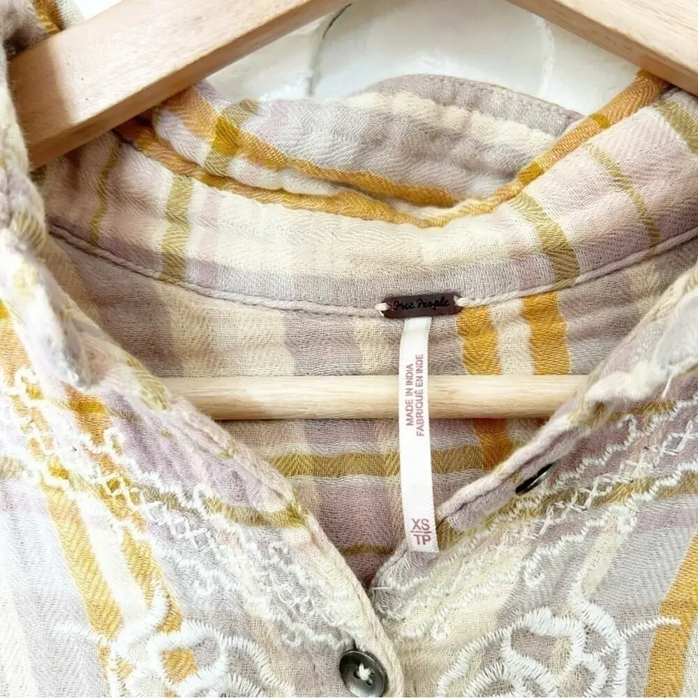 Free People Magic Plaid Button Down Long Sleeve Embroidered Shirt Top Size XS